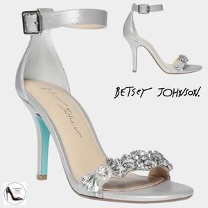 Betsey Johnson Erin Jeweled Ankle Strap Dress Sandals Silver Satin Stiletto Heel